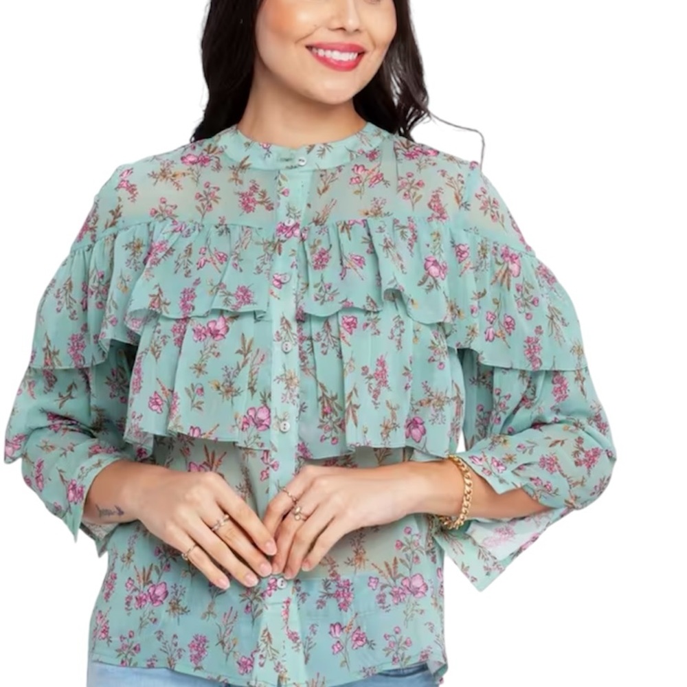 zink London Women’s Floral Ruffles Top Long Sleeve Button Front Size Medium